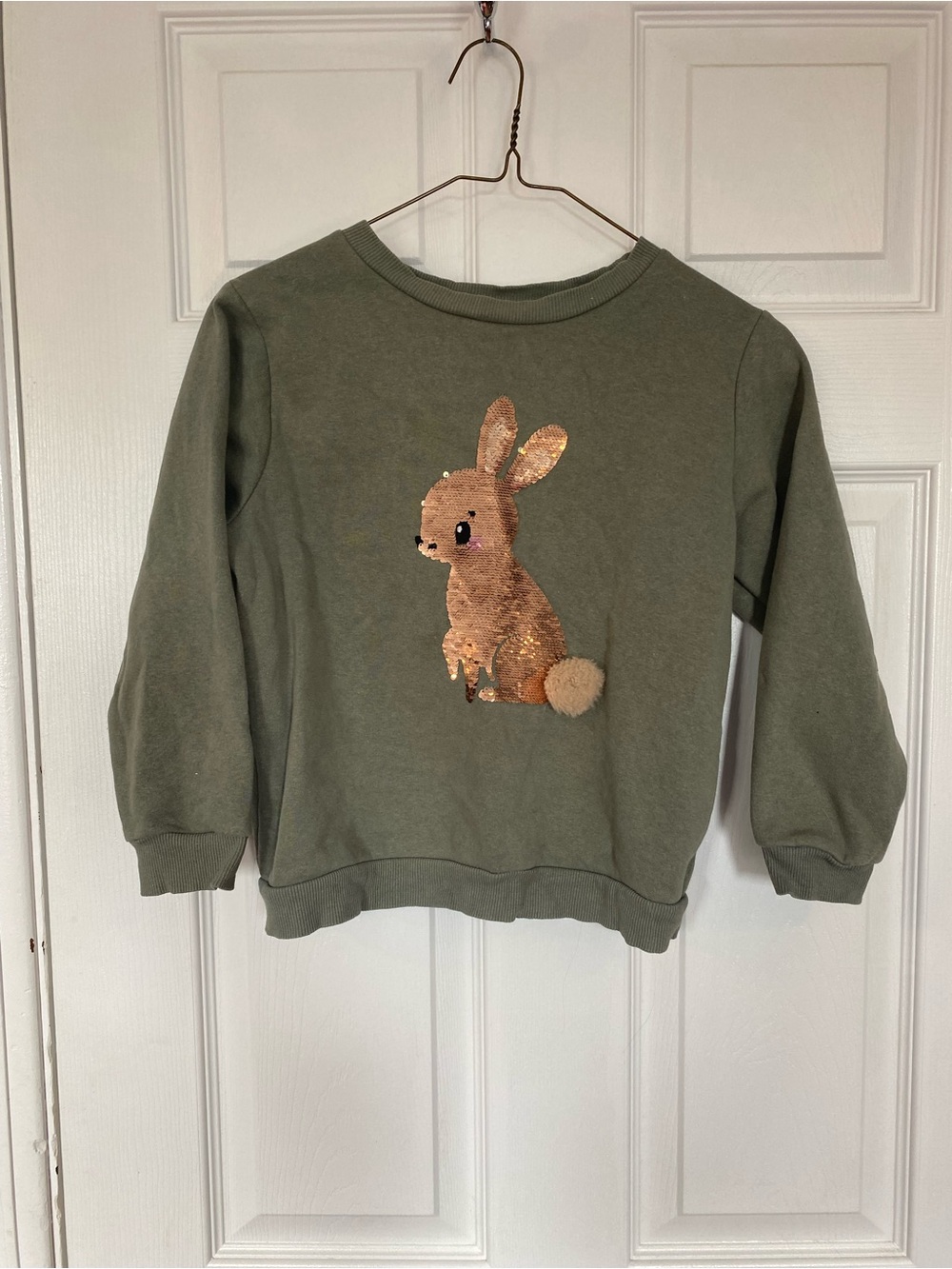 Girls H&M Olive Green Sequin Bunny Rabbit Sweater 6-7
